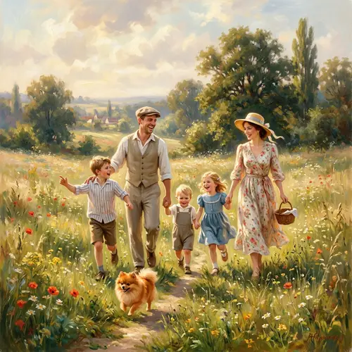 Impressionist Family Scene in Sunlit Field with Pomeranian Dog