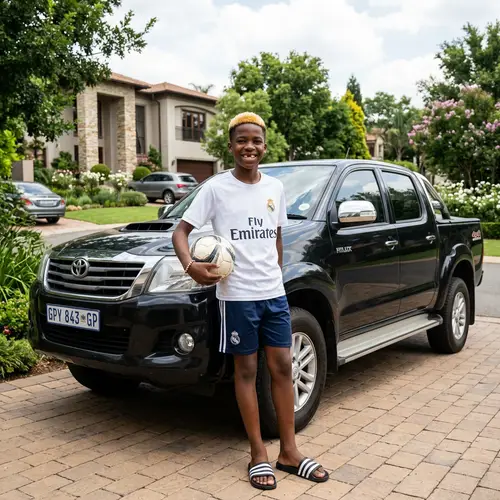 Smiling Black 14-Year-Old with South African Haircut and Madrid Shirt