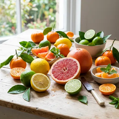 Vibrant Citrus Fruits on Light-Hued Table