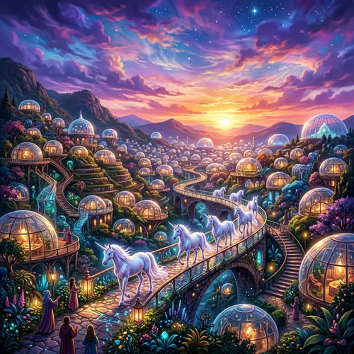 Magical City with Glass Houses and Colorful Skies