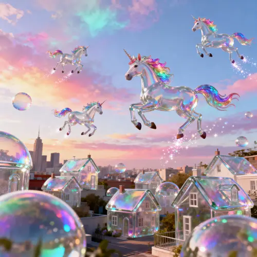 Magical City with Glass Houses and Colorful Skies