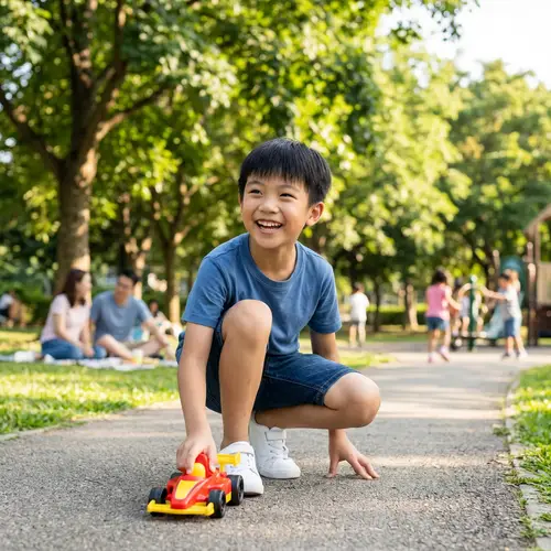 Cheerful Young Asian Boy Playing with Toy Car in Sunny Park
