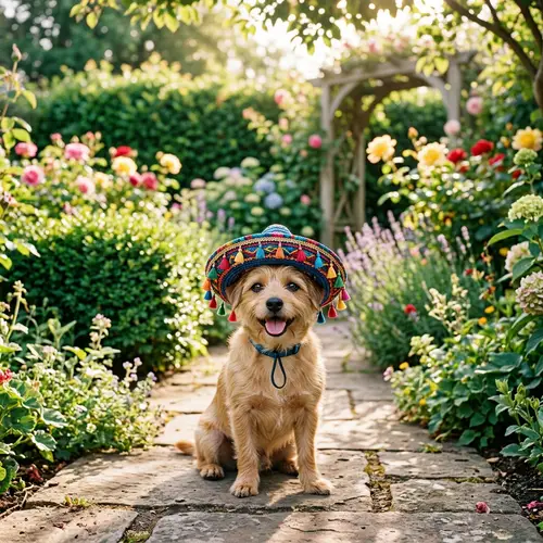 Colorful Sombrero-Wearing Dog in Lush Garden