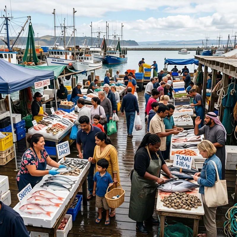 Busy Fish Port with Large Crowds and Fresh Catches