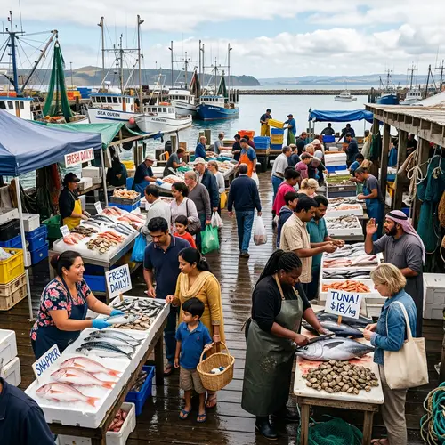 Diverse Fish Market Scene with Vibrant Atmosphere