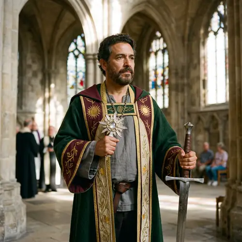 Hispanic Human Cleric with Longsword and Holy Symbol