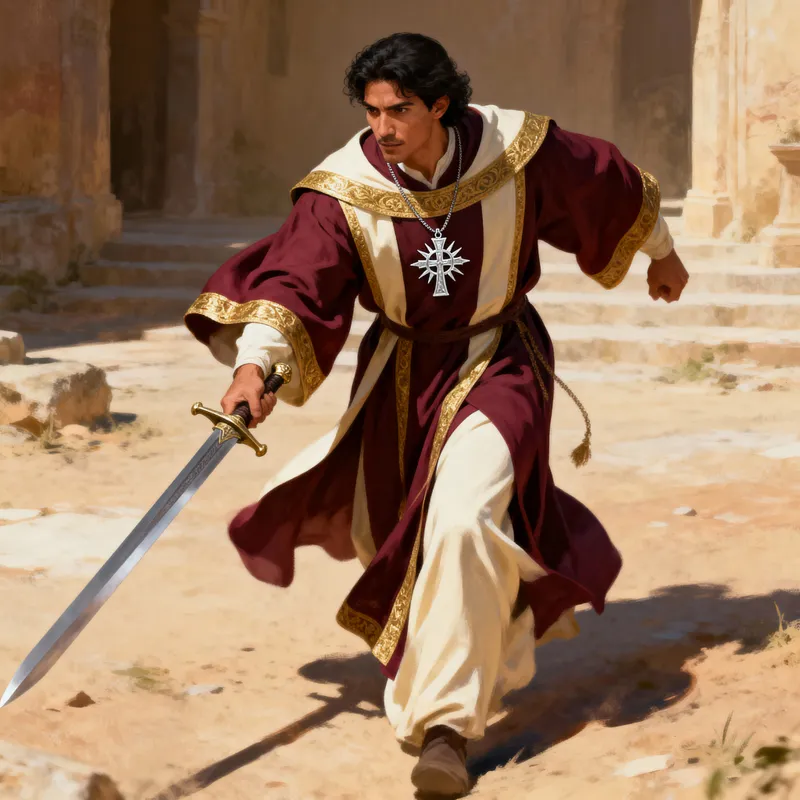 Hispanic Human Cleric with Longsword and Holy Symbol
