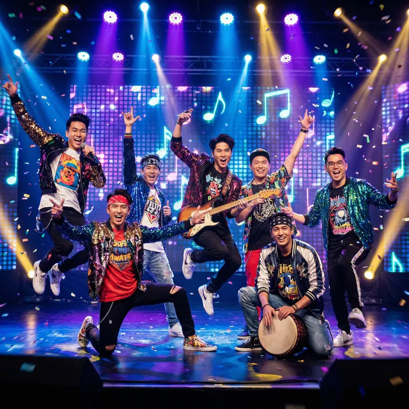 Dynamic Portrait of Seven Energetic Male Performers