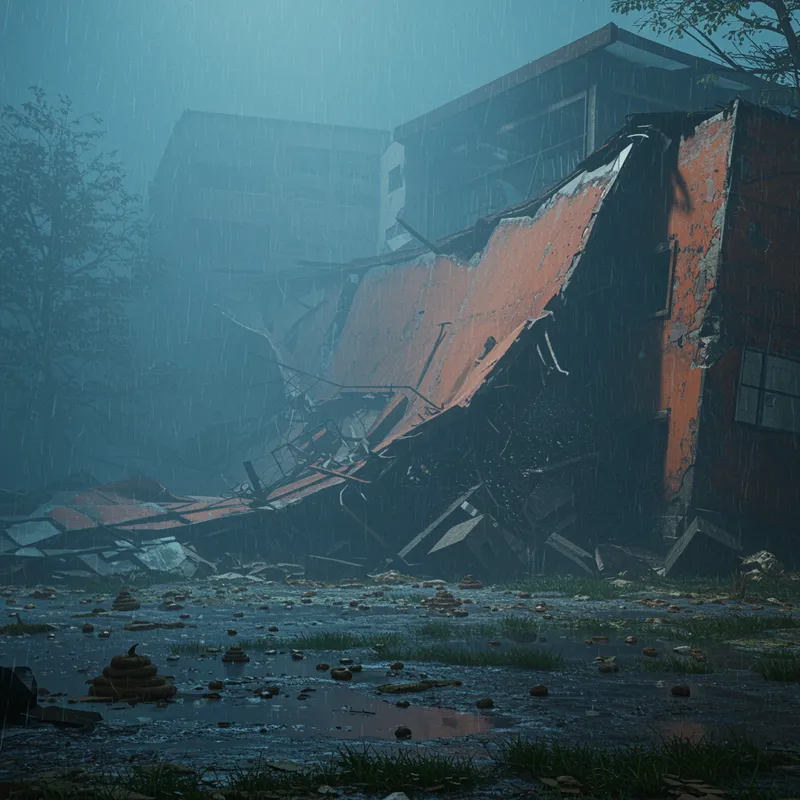 Collapsing Building in Fog and Rain