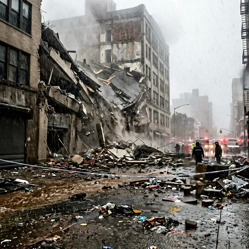 Collapsing Building in Fog and Rain