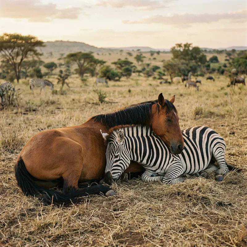Horse And Zebra Sleeping Together Lifelike Scene AI Art Generator Horse And Zebra Sleeping Together Lifelike Scene AI Art Generator