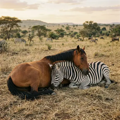 Horse and Zebra Sleeping Together - Lifelike Scene