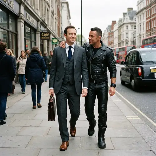 Seductive Leather Clad Man Behind Businessman