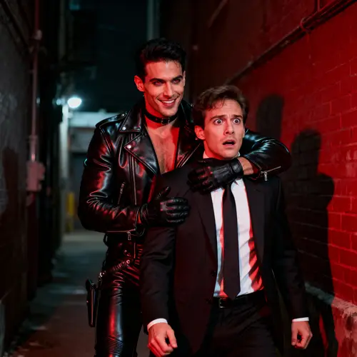 Seductive Leather Clad Man Behind Businessman