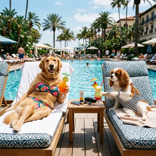 Dogs in Swimsuits Relaxing by the Pool
