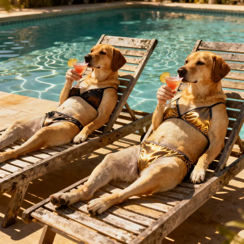 Dogs in Swimsuits Relaxing by the Pool