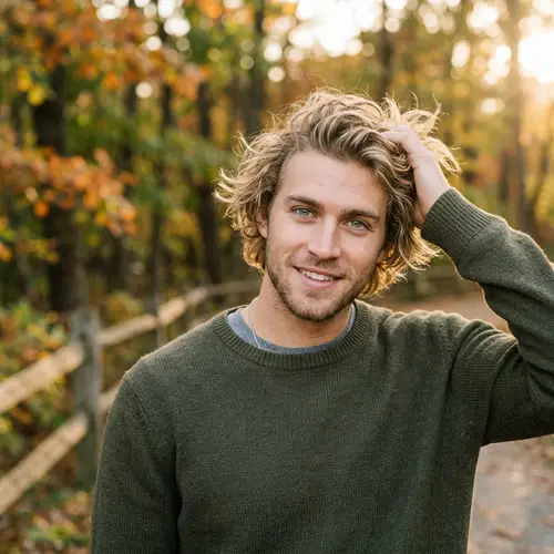 Tousled Blonde Hair and Dreamy Green Eyes