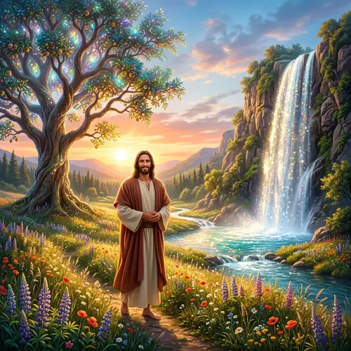 Jesus in a Beautiful Field with Waterfall