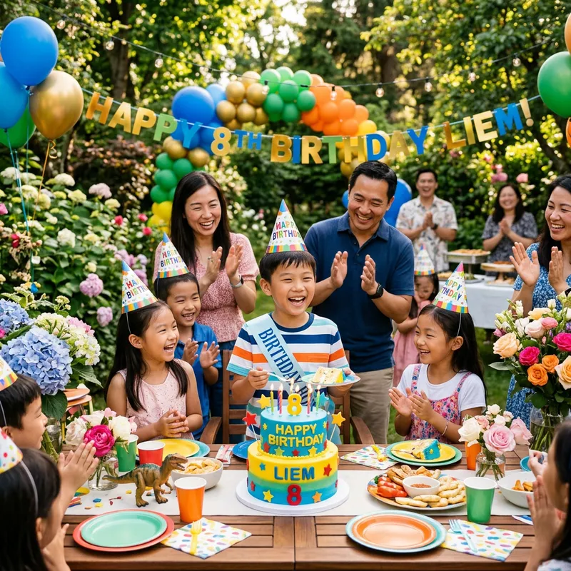 Asian Boy's Birthday Celebration in a Garden