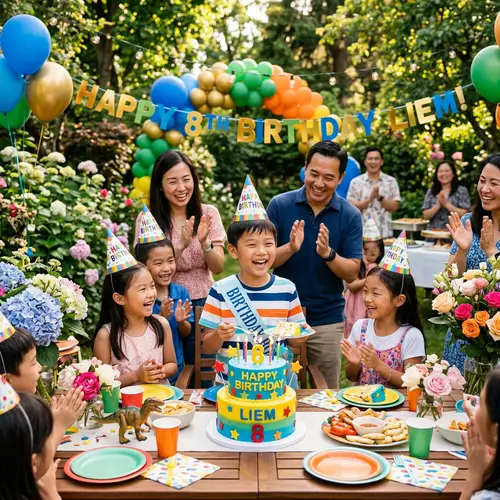 Asian Boy's Birthday Celebration in a Garden