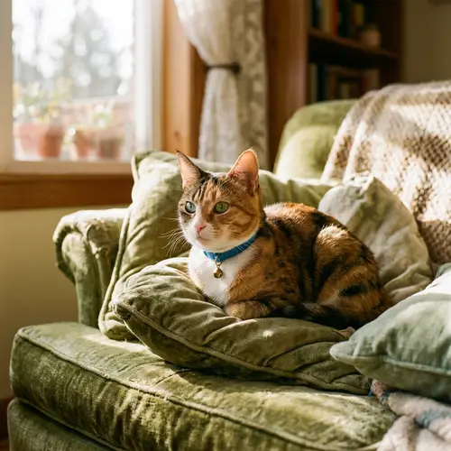 Silken Fur Cat with Emerald Eyes on Green Velvet Sofa