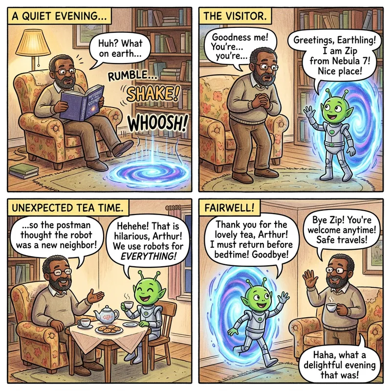 Quirky Short Comic: Unusual Tea Party with a Friendly Alien
