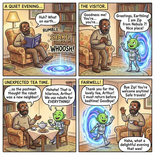 Quirky Comic Strip: Unexpected Encounter with a Friendly Alien