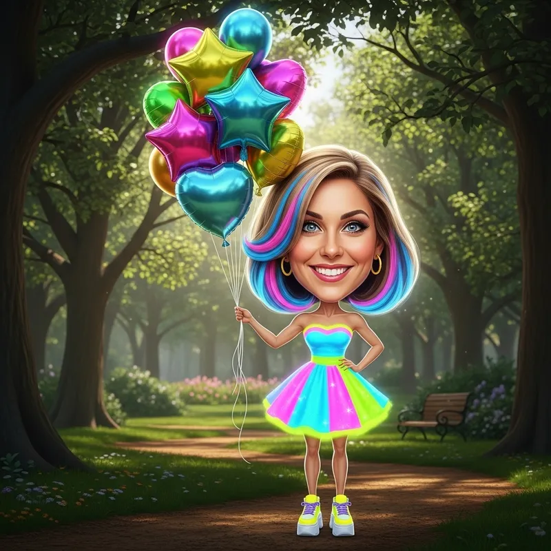 Neon Dress Girl with Balloons in Park