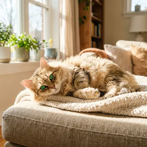 Fluffy Green-Eyed Domestic Cat Lounging on Sunlit Couch