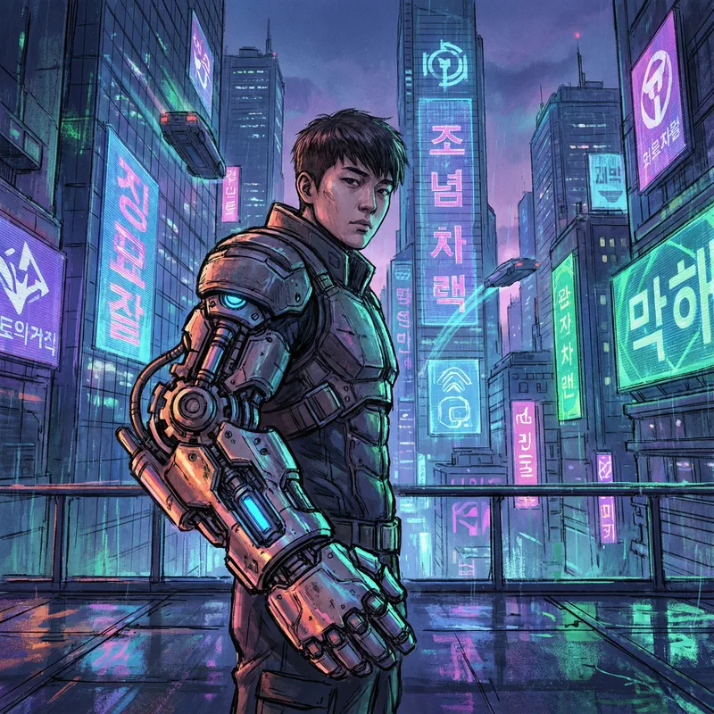 Cyberpunk Korean Model with Mechanical Arm Artwork