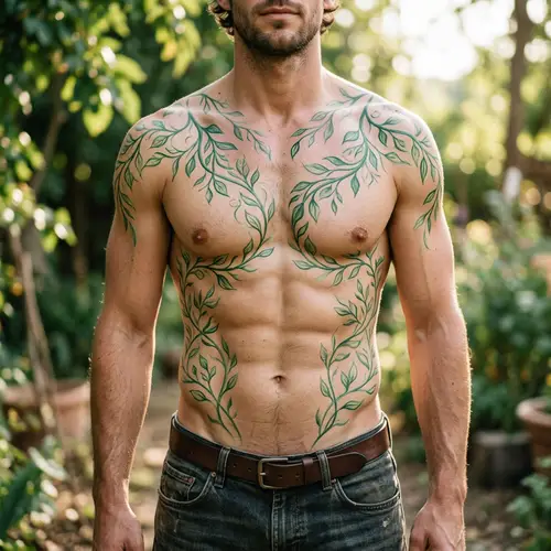 Male Torso Body Art: Naturalistic Green Vines and Leaves