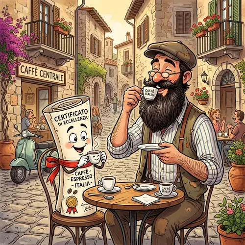 Italian Man and Certificate Enjoying Coffee in Humorous Cartoon