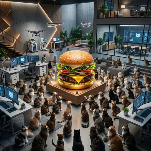 High-Tech Office Filled with Cats and a Giant Cheeseburger