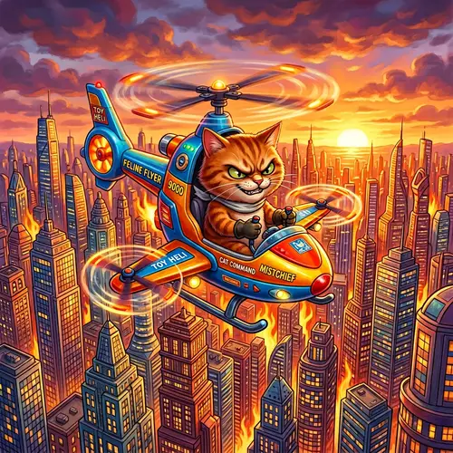 Mischievous Cat Helicopter Napalm Attack Scene | Whimsical Cityscape