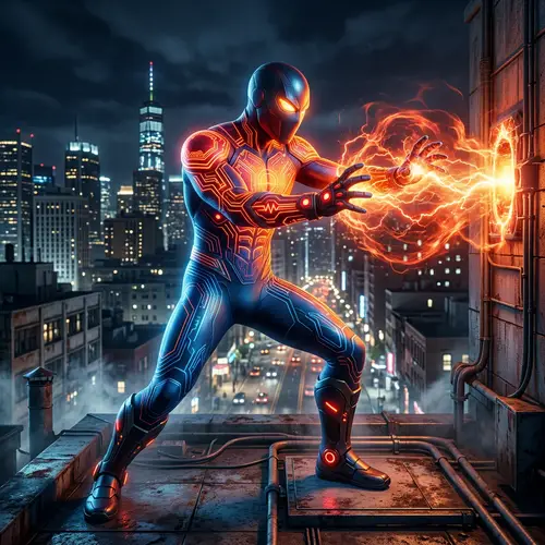 Microwavium Master: Superhero with Circuit-Adorned Costume