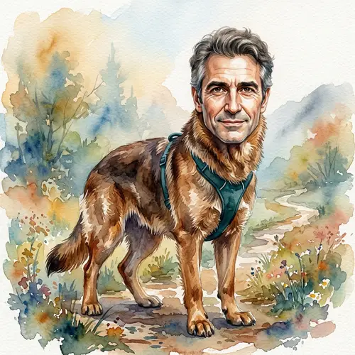 Surreal Watercolor Painting: Human-Headed Dog Transformation