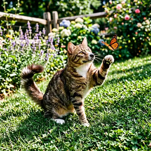 Unique Cat-Dog Hybrid Playing on Green Lawn with Butterfly