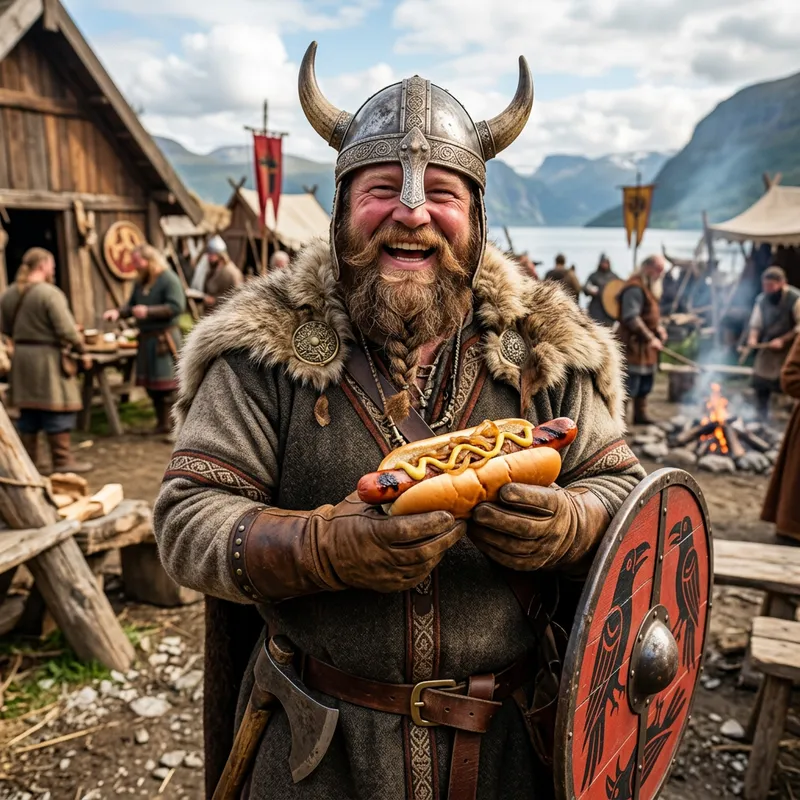 Cheerful Viking Holding a Hotdog Sandwich - Modern Norse Feast