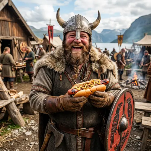 Cheerful Viking Enjoying Hotdog Sandwich - Norse Feast