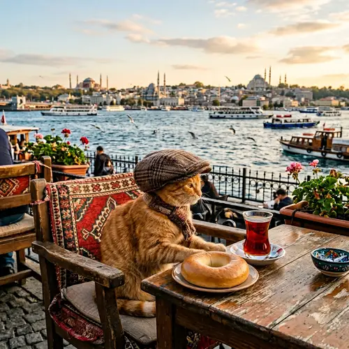 Cat with Hat Enjoying Tea and Bagel by the Sea in Istanbul