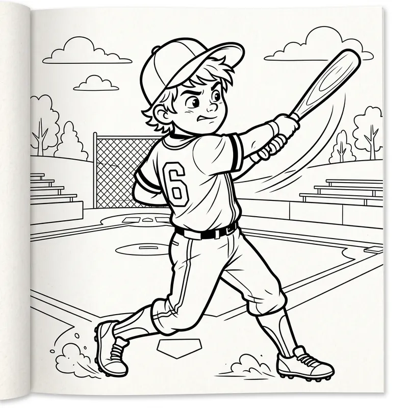 Young Caucasian Boy Playing Baseball in #6 Coloring Book Illustration