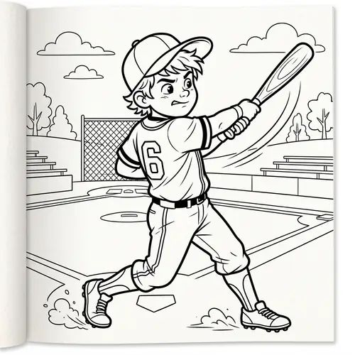 Young Boy in Baseball Action with #6 Coloring Book Theme