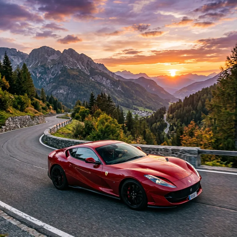 Luxury Red Sports Car Cruising in Majestic Mountains Luxury Red Sports Car Cruising in Majestic Mountains