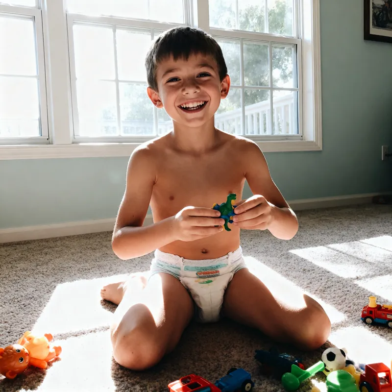 Happy 10-Year-Old Boy in Diaper Playing with Toys