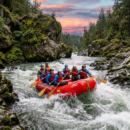 Bright Red Eight-Person Raft Navigating Choppy Waters
