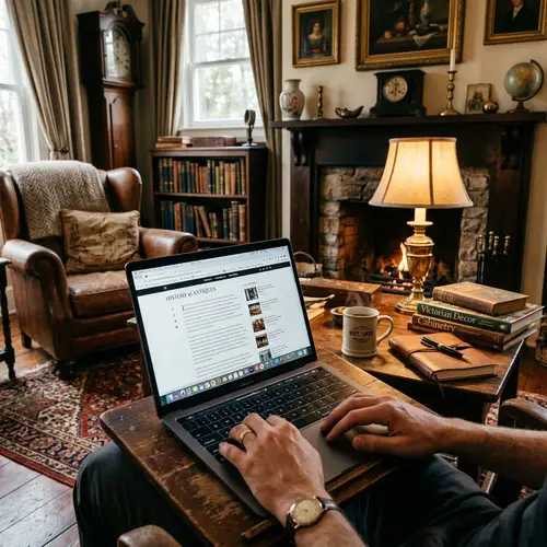 Man Using Laptop in Antique Living Room