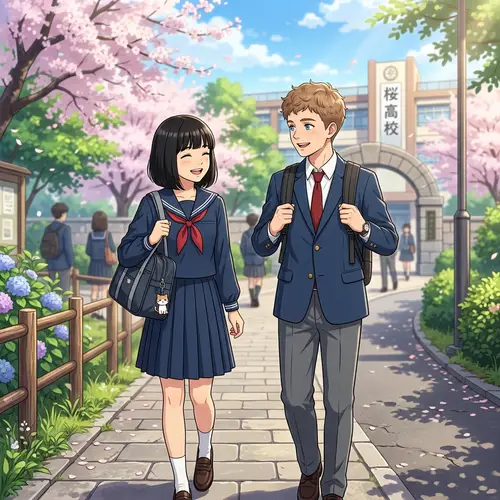 Anime-Style Scene with Short-Haired Boy and Black Bob Hairdo Girl