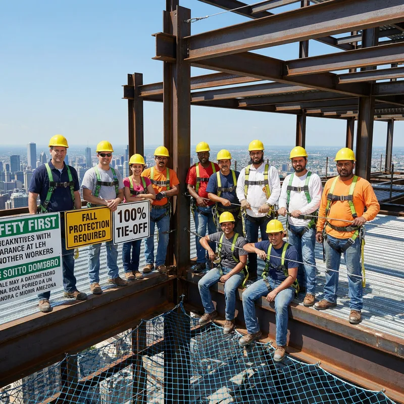 Diverse Construction Workers Ensuring Height Work Safety Diverse Construction Workers Ensuring Height Work Safety