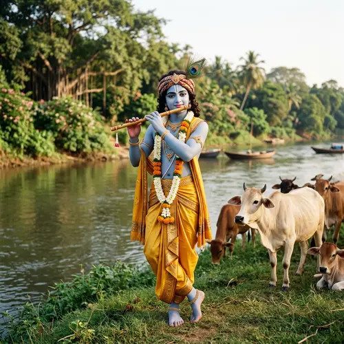 Krishna Deity: Charming Blue-Skinned Figure with Flute
