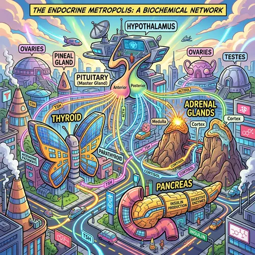 Vibrant Endocrine System Cityscape: Glands & Hormone Pathways